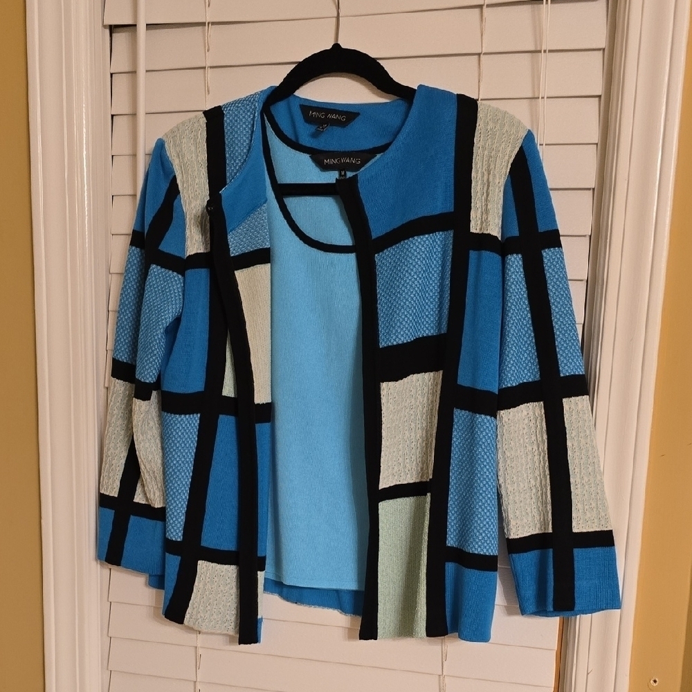 Ming Wang 2 Pieces Blue and Black Geometric Cardigan And Top